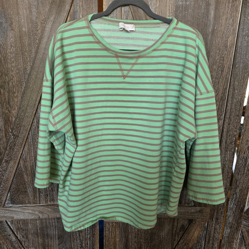 Weekend Suzanne Betro Sweatshirt Women's Size 2X Green & Gray Stripes 3/4 Sleeve
